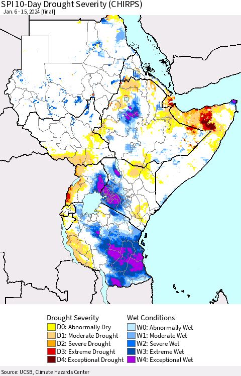Eastern Africa SPI 10-Day Drought Severity (CHIRPS) Thematic Map For 1/6/2024 - 1/15/2024
