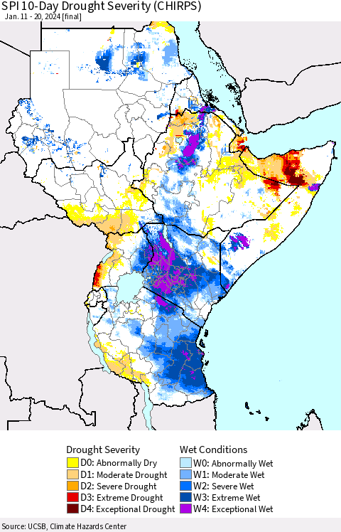 Eastern Africa SPI 10-Day Drought Severity (CHIRPS) Thematic Map For 1/11/2024 - 1/20/2024