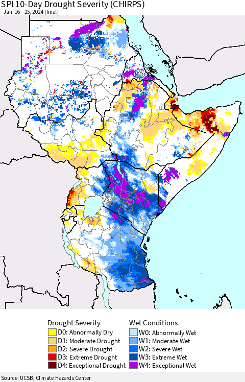 Eastern Africa SPI 10-Day Drought Severity (CHIRPS) Thematic Map For 1/16/2024 - 1/25/2024