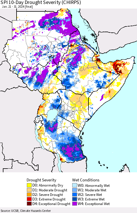 Eastern Africa SPI 10-Day Drought Severity (CHIRPS) Thematic Map For 1/21/2024 - 1/31/2024