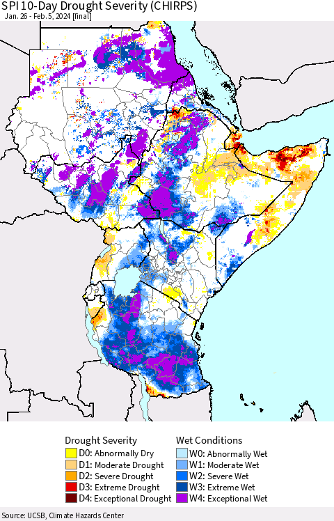 Eastern Africa SPI 10-Day Drought Severity (CHIRPS) Thematic Map For 1/26/2024 - 2/5/2024