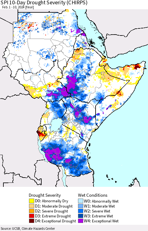 Eastern Africa SPI 10-Day Drought Severity (CHIRPS) Thematic Map For 2/1/2024 - 2/10/2024