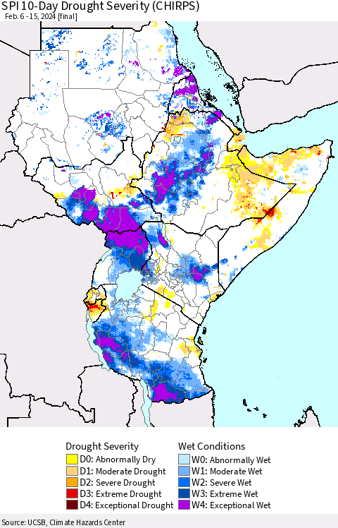 Eastern Africa SPI 10-Day Drought Severity (CHIRPS) Thematic Map For 2/6/2024 - 2/15/2024