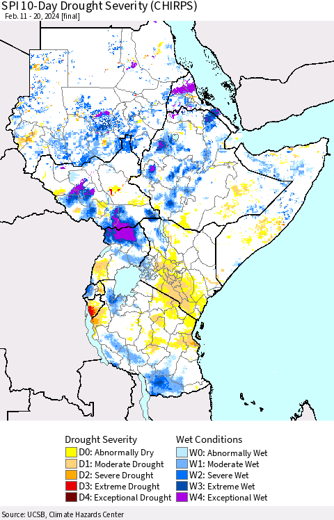 Eastern Africa SPI 10-Day Drought Severity (CHIRPS) Thematic Map For 2/11/2024 - 2/20/2024