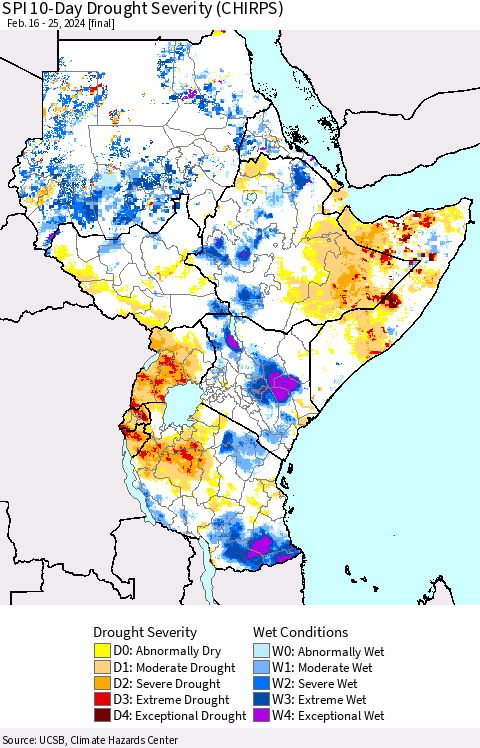 Eastern Africa SPI 10-Day Drought Severity (CHIRPS) Thematic Map For 2/16/2024 - 2/25/2024