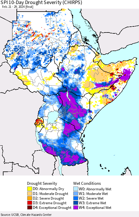 Eastern Africa SPI 10-Day Drought Severity (CHIRPS) Thematic Map For 2/21/2024 - 2/29/2024