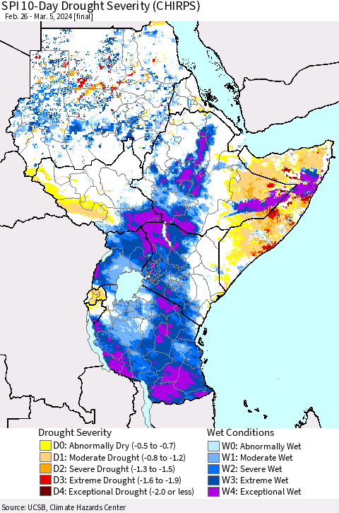 Eastern Africa SPI 10-Day Drought Severity (CHIRPS) Thematic Map For 2/26/2024 - 3/5/2024