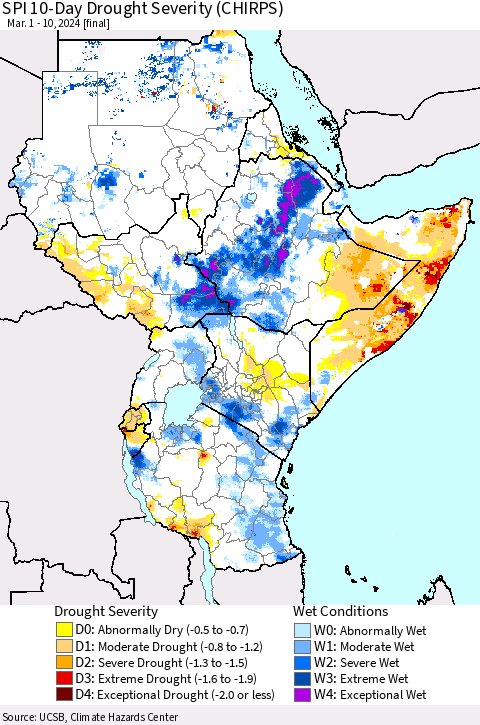 Eastern Africa SPI 10-Day Drought Severity (CHIRPS) Thematic Map For 3/1/2024 - 3/10/2024
