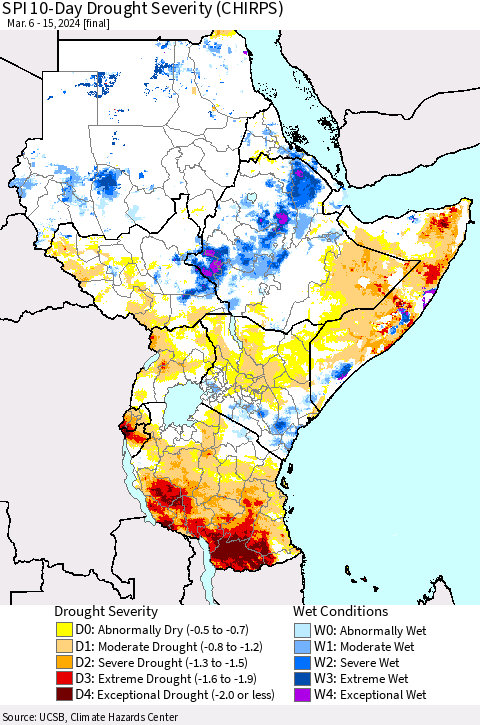 Eastern Africa SPI 10-Day Drought Severity (CHIRPS) Thematic Map For 3/6/2024 - 3/15/2024