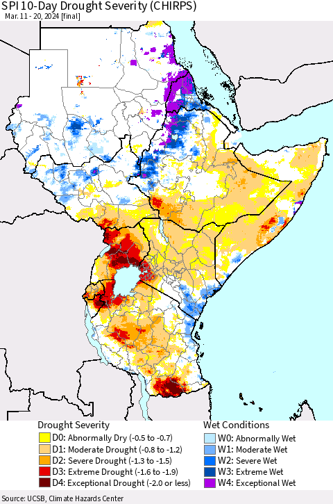 Eastern Africa SPI 10-Day Drought Severity (CHIRPS) Thematic Map For 3/11/2024 - 3/20/2024