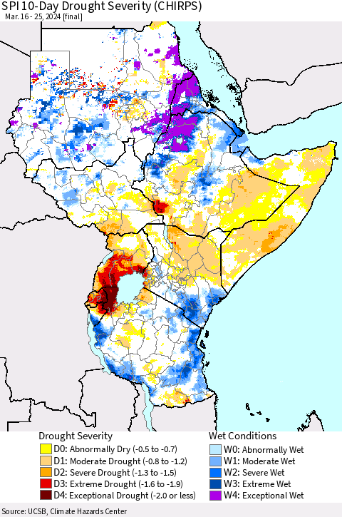 Eastern Africa SPI 10-Day Drought Severity (CHIRPS) Thematic Map For 3/16/2024 - 3/25/2024