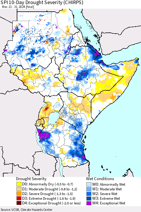 Eastern Africa SPI 10-Day Drought Severity (CHIRPS) Thematic Map For 3/21/2024 - 3/31/2024