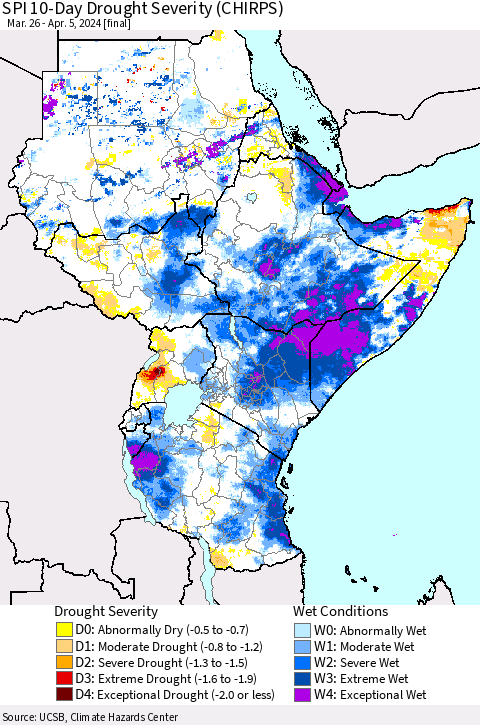 Eastern Africa SPI 10-Day Drought Severity (CHIRPS) Thematic Map For 3/26/2024 - 4/5/2024
