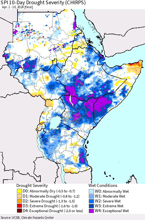 Eastern Africa SPI 10-Day Drought Severity (CHIRPS) Thematic Map For 4/1/2024 - 4/10/2024