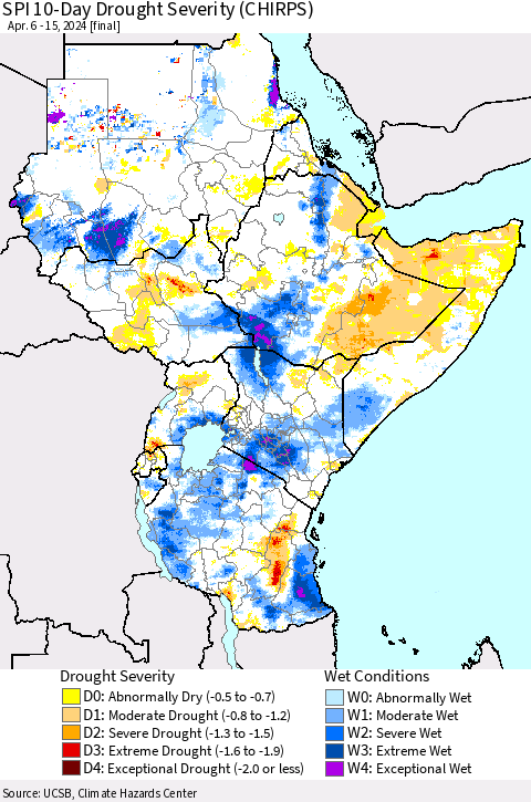 Eastern Africa SPI 10-Day Drought Severity (CHIRPS) Thematic Map For 4/6/2024 - 4/15/2024
