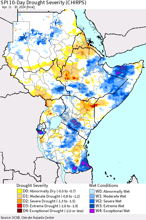 Eastern Africa SPI 10-Day Drought Severity (CHIRPS) Thematic Map For 4/11/2024 - 4/20/2024