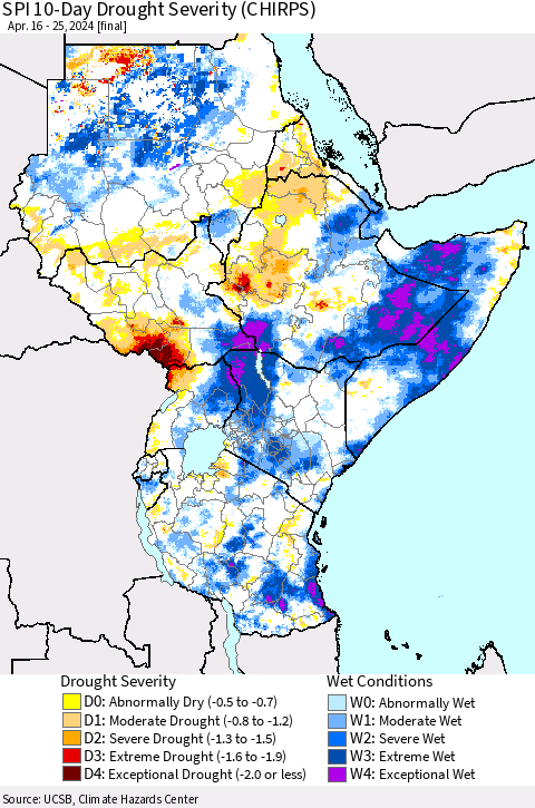 Eastern Africa SPI 10-Day Drought Severity (CHIRPS) Thematic Map For 4/16/2024 - 4/25/2024