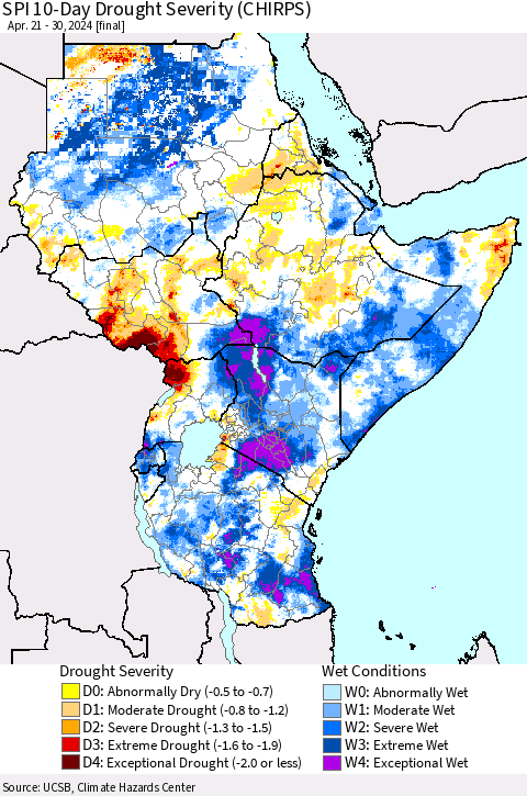 Eastern Africa SPI 10-Day Drought Severity (CHIRPS) Thematic Map For 4/21/2024 - 4/30/2024