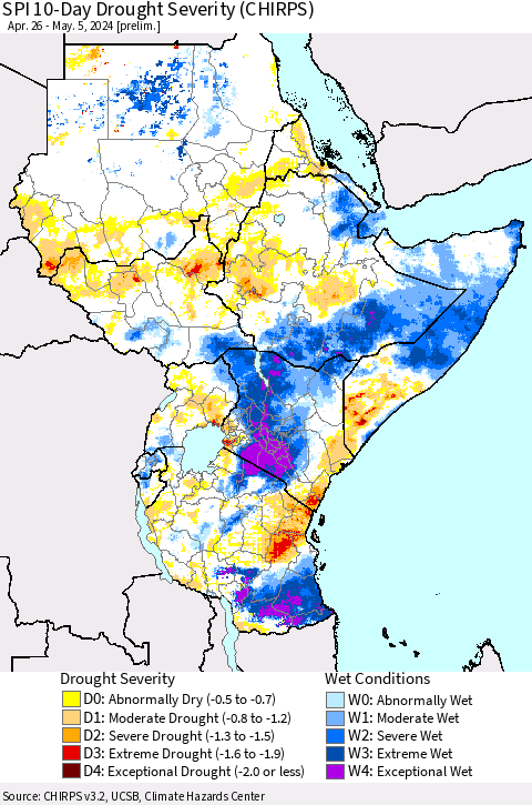 Eastern Africa SPI 10-Day Drought Severity (CHIRPS) Thematic Map For 4/26/2024 - 5/5/2024