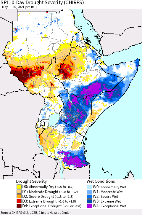 Eastern Africa SPI 10-Day Drought Severity (CHIRPS) Thematic Map For 5/1/2024 - 5/10/2024