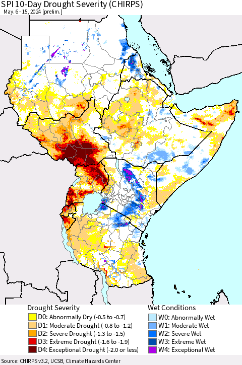 Eastern Africa SPI 10-Day Drought Severity (CHIRPS) Thematic Map For 5/6/2024 - 5/15/2024