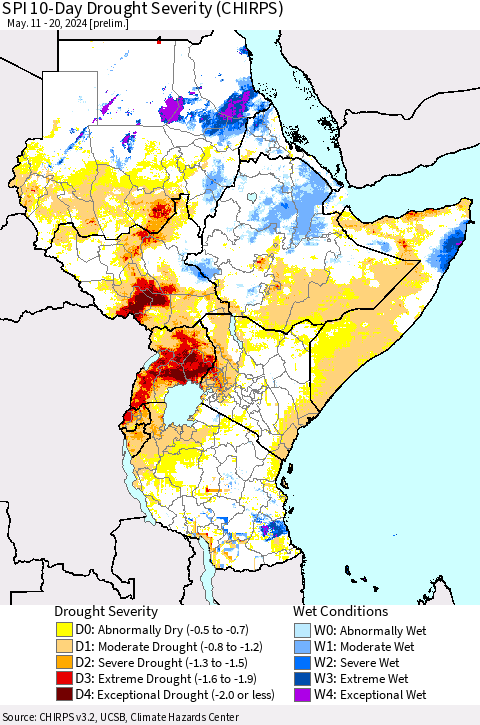 Eastern Africa SPI 10-Day Drought Severity (CHIRPS) Thematic Map For 5/11/2024 - 5/20/2024