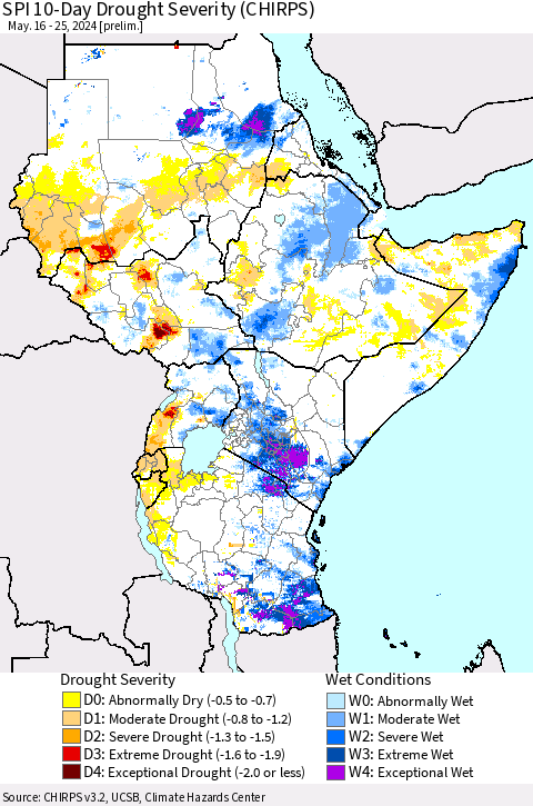 Eastern Africa SPI 10-Day Drought Severity (CHIRPS) Thematic Map For 5/16/2024 - 5/25/2024