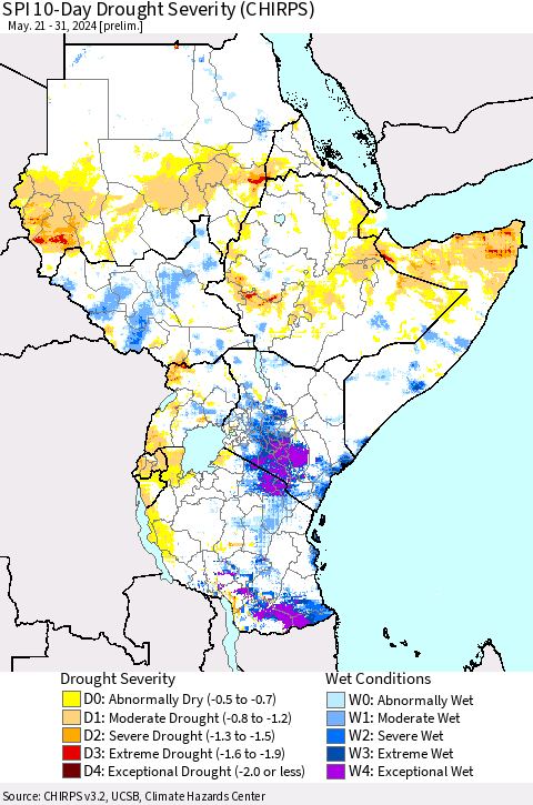 Eastern Africa SPI 10-Day Drought Severity (CHIRPS) Thematic Map For 5/21/2024 - 5/31/2024