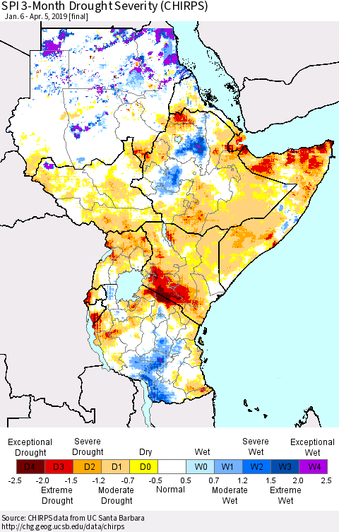 Eastern Africa SPI 3-Month Drought Severity (CHIRPS) Thematic Map For 1/6/2019 - 4/5/2019
