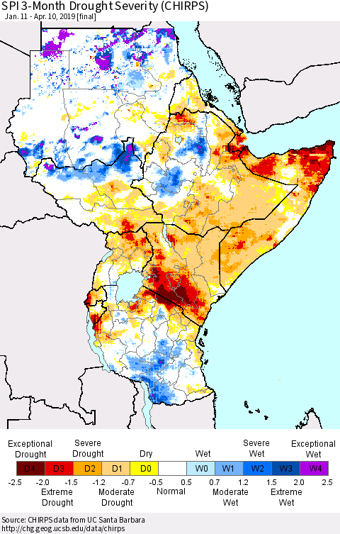 Eastern Africa SPI 3-Month Drought Severity (CHIRPS) Thematic Map For 1/11/2019 - 4/10/2019