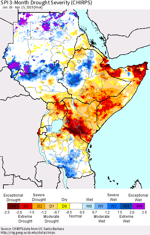 Eastern Africa SPI 3-Month Drought Severity (CHIRPS) Thematic Map For 1/16/2019 - 4/15/2019