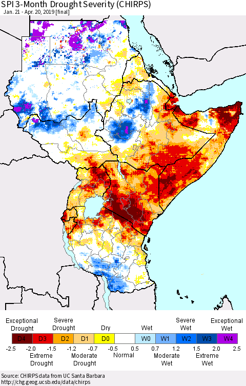 Eastern Africa SPI 3-Month Drought Severity (CHIRPS) Thematic Map For 1/21/2019 - 4/20/2019
