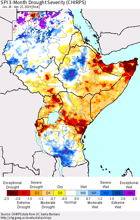 Eastern Africa SPI 3-Month Drought Severity (CHIRPS) Thematic Map For 1/26/2019 - 4/25/2019
