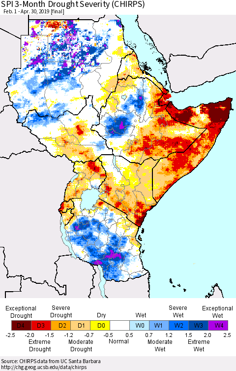 Eastern Africa SPI 3-Month Drought Severity (CHIRPS) Thematic Map For 2/1/2019 - 4/30/2019