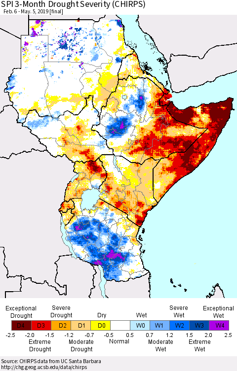 Eastern Africa SPI 3-Month Drought Severity (CHIRPS) Thematic Map For 2/6/2019 - 5/5/2019