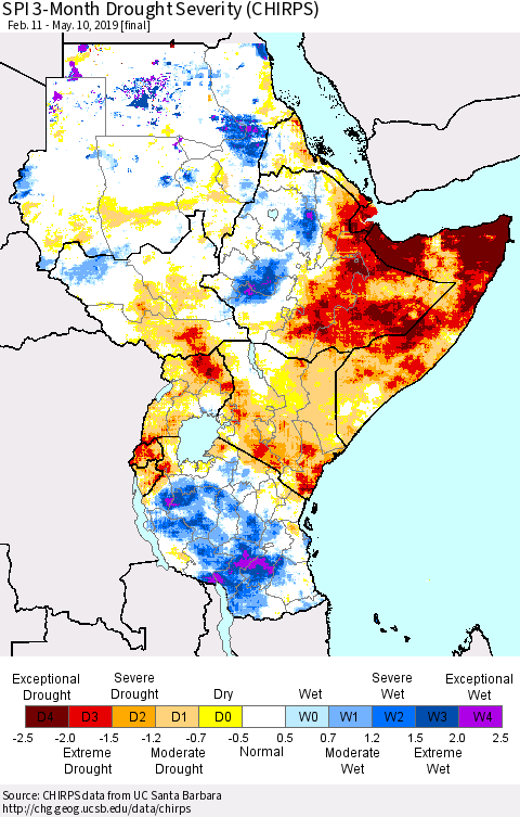 Eastern Africa SPI 3-Month Drought Severity (CHIRPS) Thematic Map For 2/11/2019 - 5/10/2019