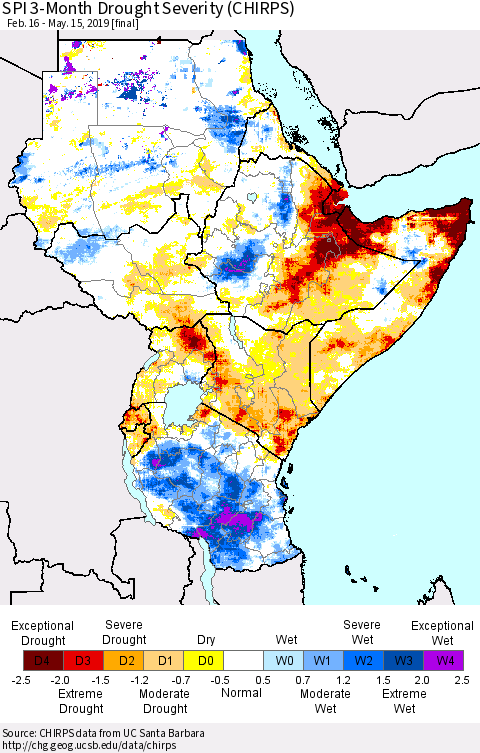Eastern Africa SPI 3-Month Drought Severity (CHIRPS) Thematic Map For 2/16/2019 - 5/15/2019