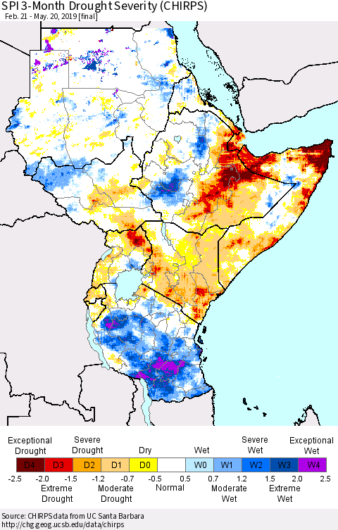 Eastern Africa SPI 3-Month Drought Severity (CHIRPS) Thematic Map For 2/21/2019 - 5/20/2019