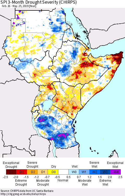 Eastern Africa SPI 3-Month Drought Severity (CHIRPS) Thematic Map For 2/26/2019 - 5/25/2019