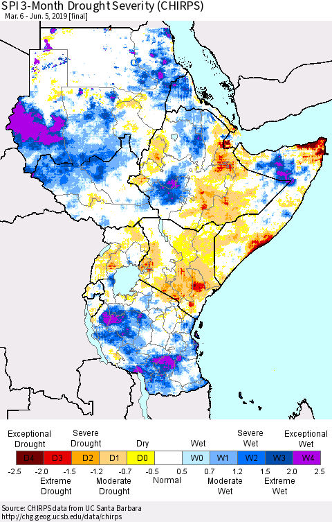 Eastern Africa SPI 3-Month Drought Severity (CHIRPS) Thematic Map For 3/6/2019 - 6/5/2019