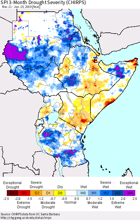 Eastern Africa SPI 3-Month Drought Severity (CHIRPS) Thematic Map For 3/11/2019 - 6/10/2019