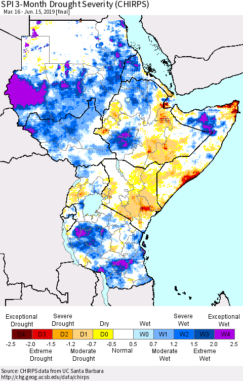 Eastern Africa SPI 3-Month Drought Severity (CHIRPS) Thematic Map For 3/16/2019 - 6/15/2019