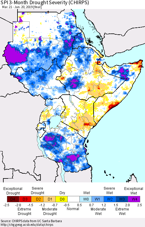 Eastern Africa SPI 3-Month Drought Severity (CHIRPS) Thematic Map For 3/21/2019 - 6/20/2019