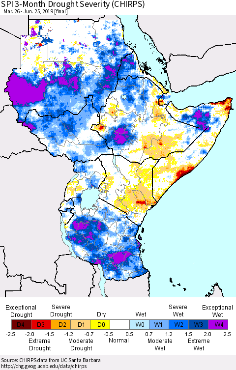 Eastern Africa SPI 3-Month Drought Severity (CHIRPS) Thematic Map For 3/26/2019 - 6/25/2019