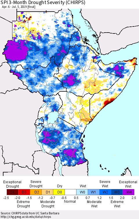 Eastern Africa SPI 3-Month Drought Severity (CHIRPS) Thematic Map For 4/6/2019 - 7/5/2019