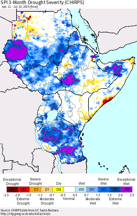 Eastern Africa SPI 3-Month Drought Severity (CHIRPS) Thematic Map For 4/11/2019 - 7/10/2019