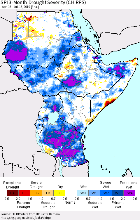 Eastern Africa SPI 3-Month Drought Severity (CHIRPS) Thematic Map For 4/16/2019 - 7/15/2019