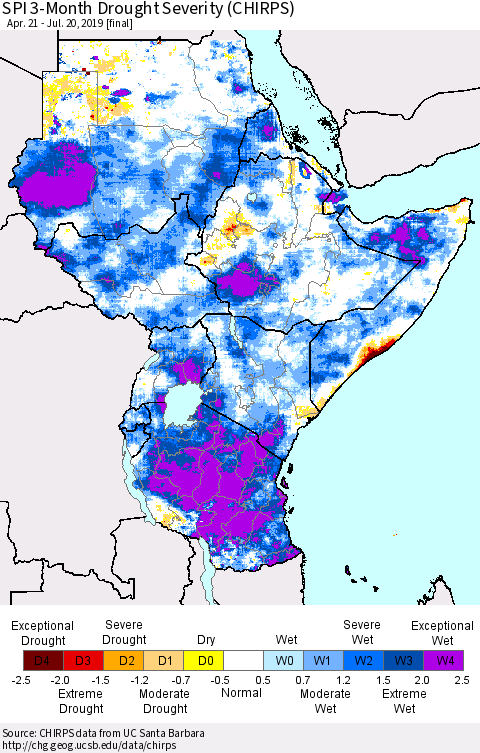 Eastern Africa SPI 3-Month Drought Severity (CHIRPS) Thematic Map For 4/21/2019 - 7/20/2019