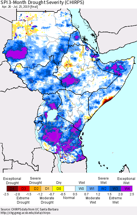 Eastern Africa SPI 3-Month Drought Severity (CHIRPS) Thematic Map For 4/26/2019 - 7/25/2019