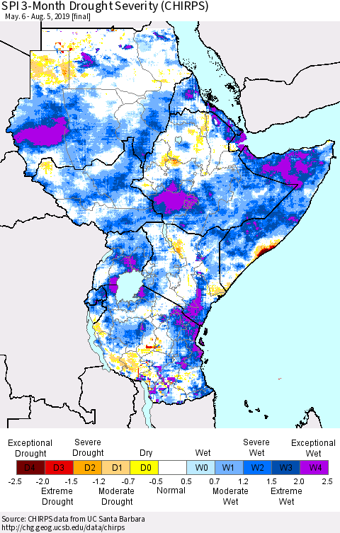 Eastern Africa SPI 3-Month Drought Severity (CHIRPS) Thematic Map For 5/6/2019 - 8/5/2019